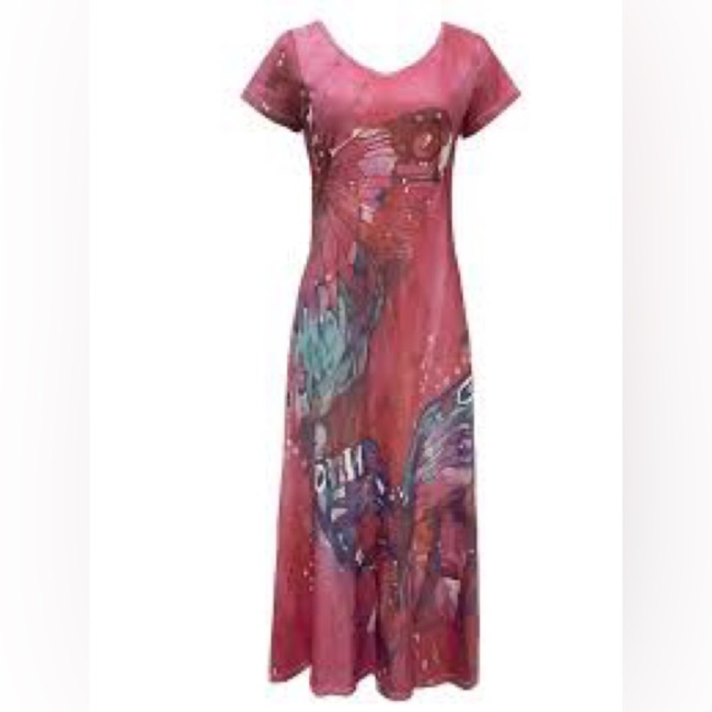 Butterfly Pink Patterned v neck maxi Dress